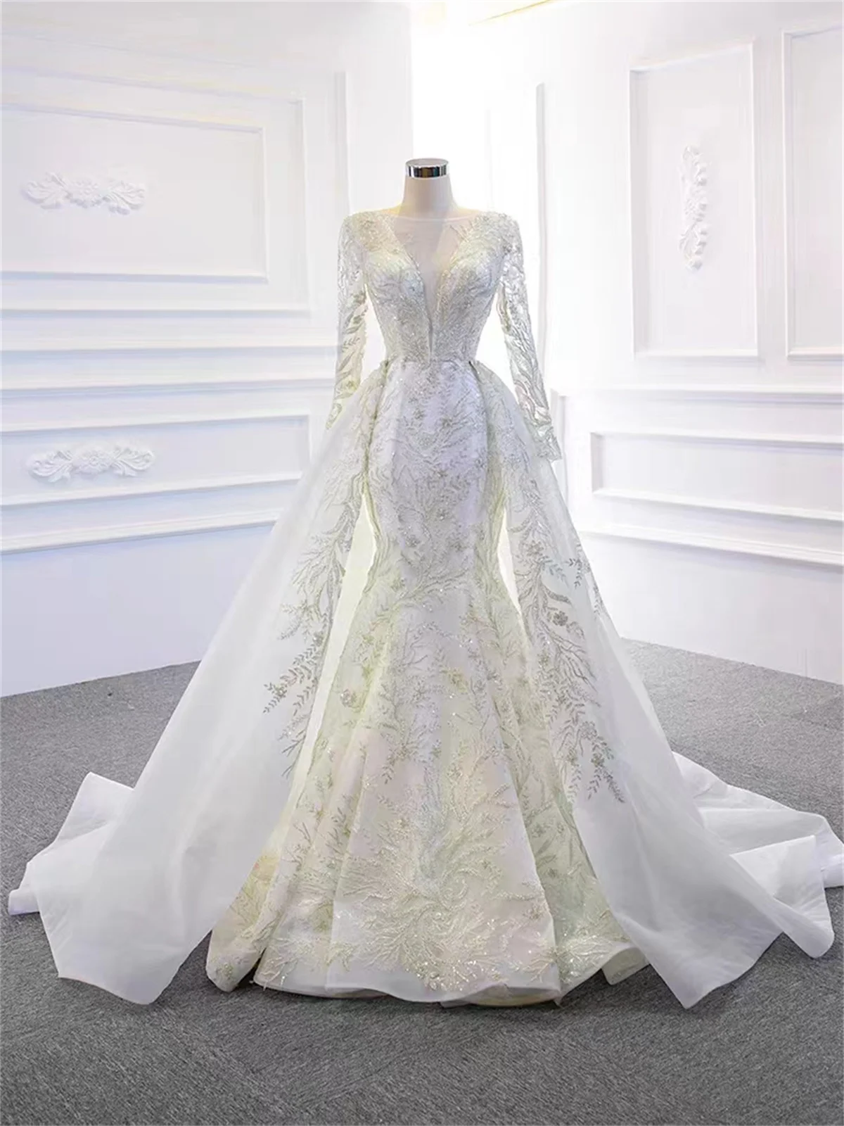 

Mermaid Cathedral Wedding Dress Detachable Two-Piece Solid Color Appliqué Pearl Floor Length Luxurious 2023 vestidos De Noche