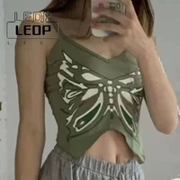 ledp european and american clothing sexy retro camisole female butterfly pattern short top casual vest female y2k gothic top