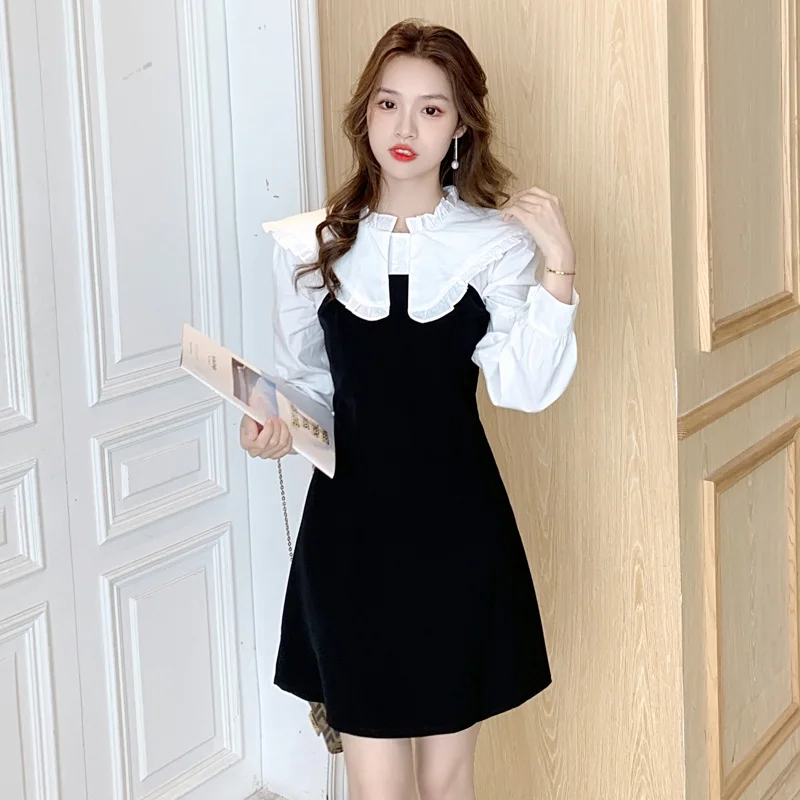

Women Black Patchwork White Doll Collar Mini Dress Spring Autumn Korean Hepburn Dress 2022 New Elegant Bodycon Office Lady Dress