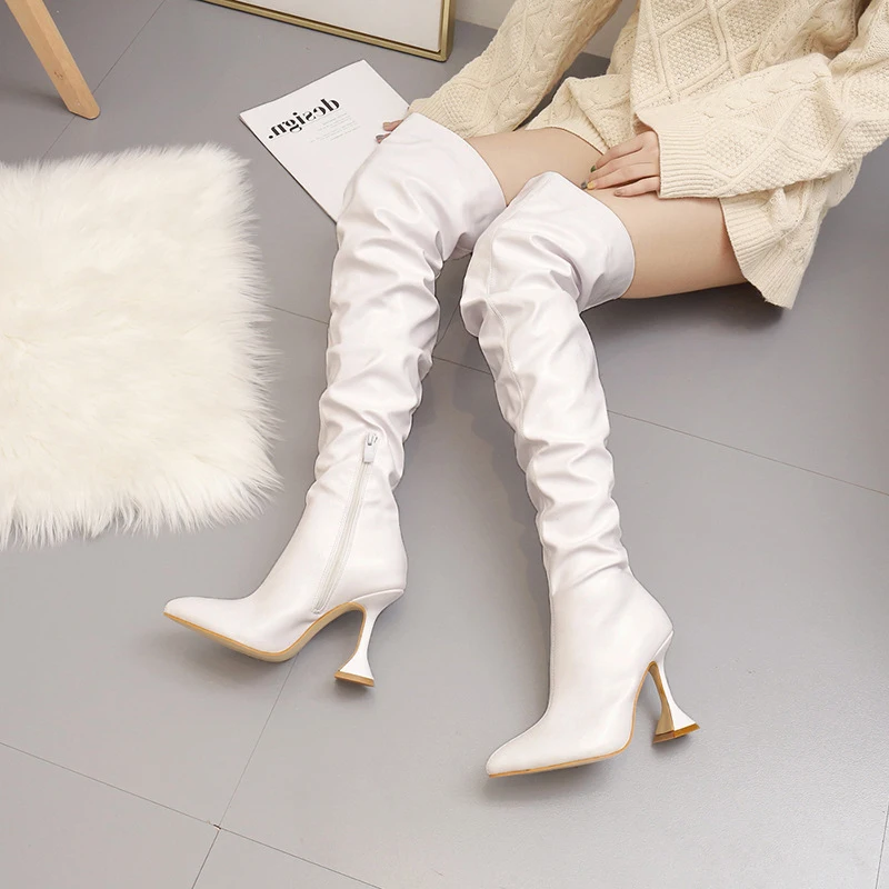 

Women's Pleated Over The Knee Boots Woman Leather Thigh High Long Boots Ladies Pointed Toe High Heels Female Pumps Women Shoes