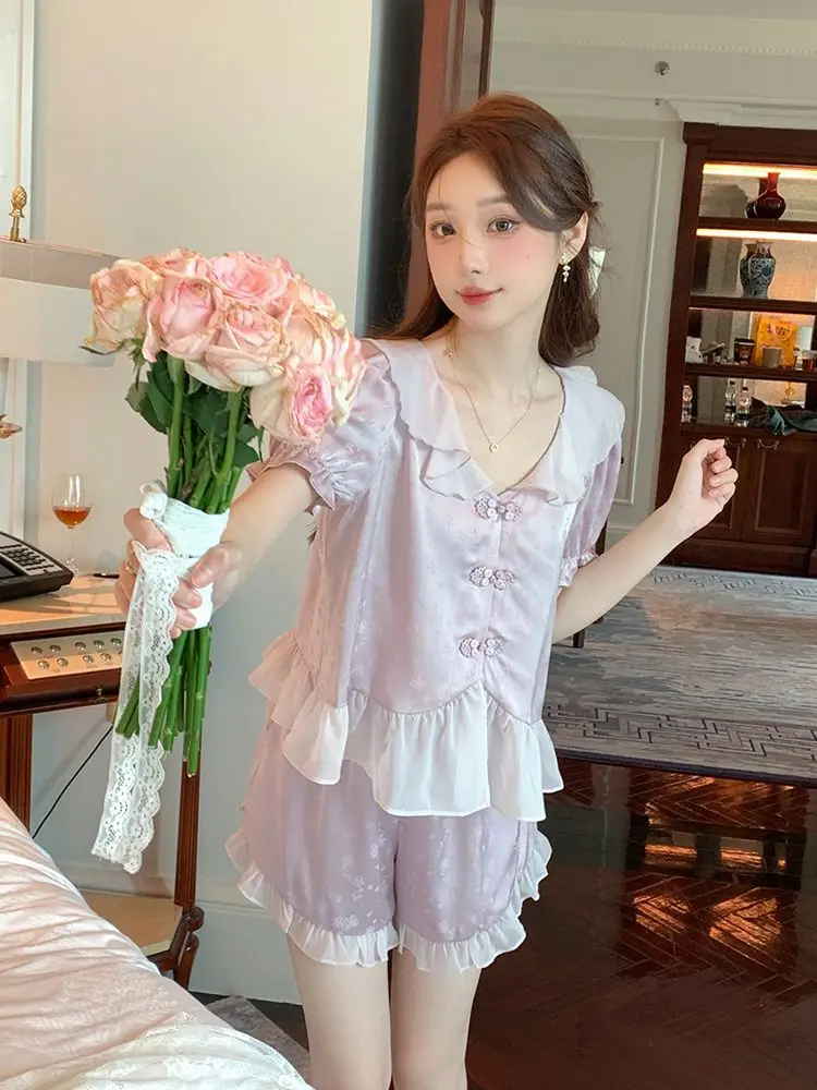 

Women's LChinese Style Embroidered Flowers Pajama Sets Top Shorts Vintage Ladies Girl's Lace Pyjamas Set Sleepwear Loungewear