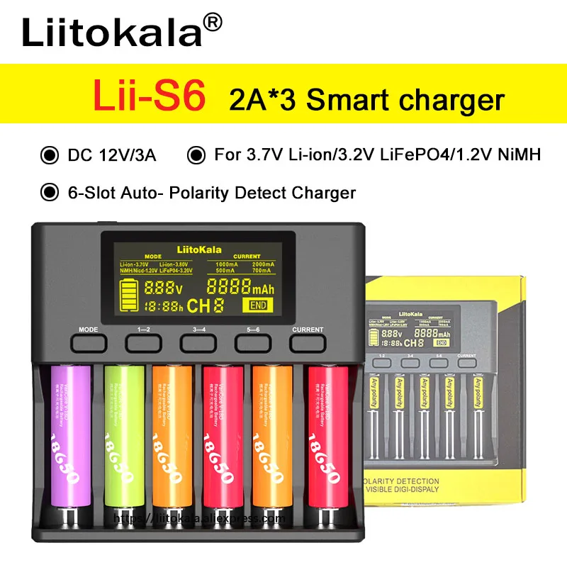 

Зарядное устройство LiitoKala Lii-S6, 6-слотовое устройство с автоматическим определение полярности для литий-ионных батарей 3,7 в 18650 17500 21700 26650 32700 в...