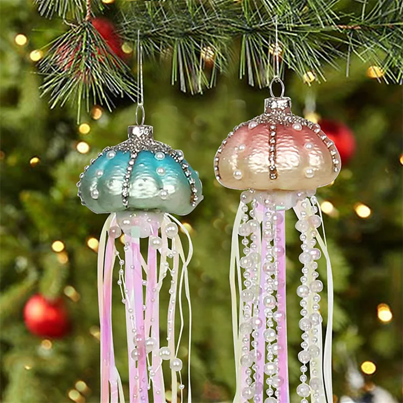 

4Pcs Christmas Hanging Pendants Rhinestone Fake Pearl Jellyfish Tassel Festival Hanging Decors Party Home Decoration