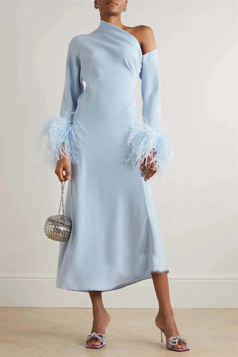 

Sophisticated Jersey Evening Gown with High Side Slit and Feather Embellishment Evening Dresses