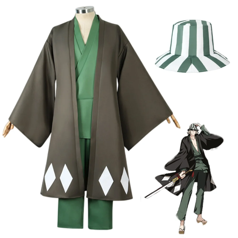 Anime Bleach Cosplay Urahara Kisuke Costume Halloween Carnival Party Costume  Men Women Black Kimono Pants Hat Outfits Clothes