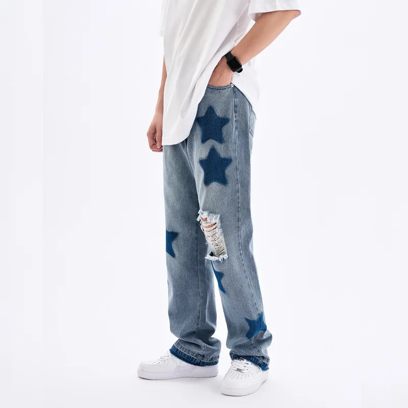 Four Seasons Men's Trousers Trend Ripped Jeans Pentagram Pattern Loose Straight Pants Ins Hot Sale Boyfriend Jeans Ins Hot Sale