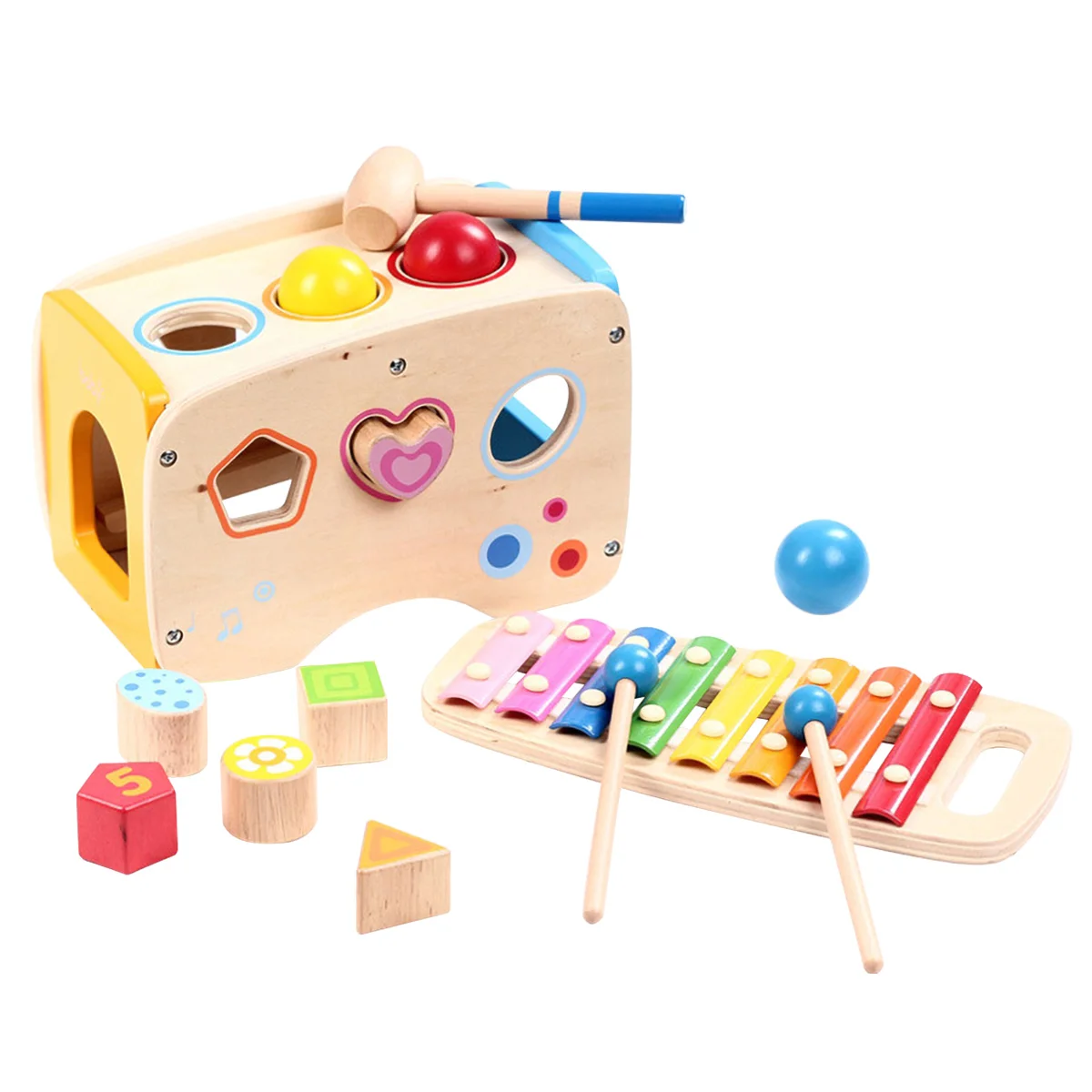 

Деревянный молотковый шар, молоток, коробка для детей, Веселый рисунок, подходящий ксилофон, музыкальный комплект 3-в-1, развивающая игрушка ...