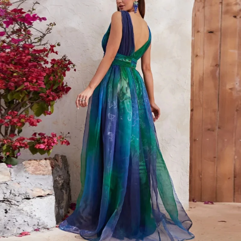 

Платье женское вечернее с принтом, пикантное длинное с двойным V-образным вырезом, с открытой спиной, с завышенной талией, в стиле бохо, без рукавов, на лето