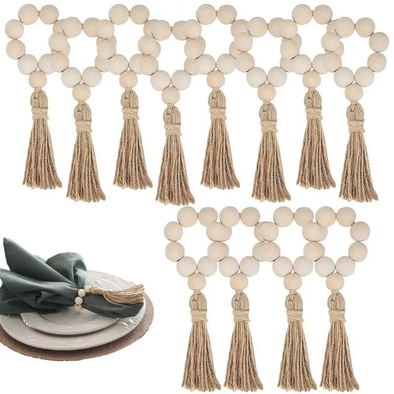 

Деревянные кольца для салфеток с бусинами, эластичный держатель для салфеток в стиле бохо с кисточками, украшение для свадьбы