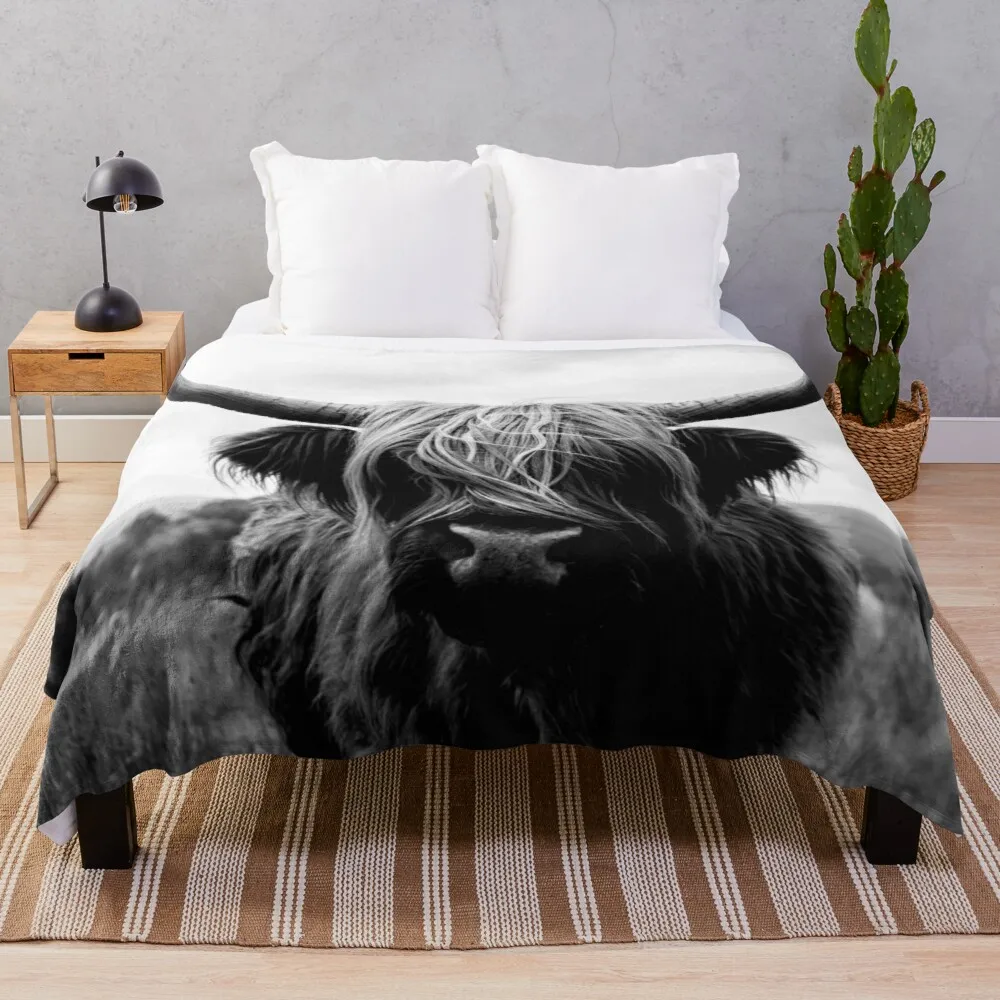 

Scottish Highland Cattle - Black and White Animal Photography Throw Blanket hairy