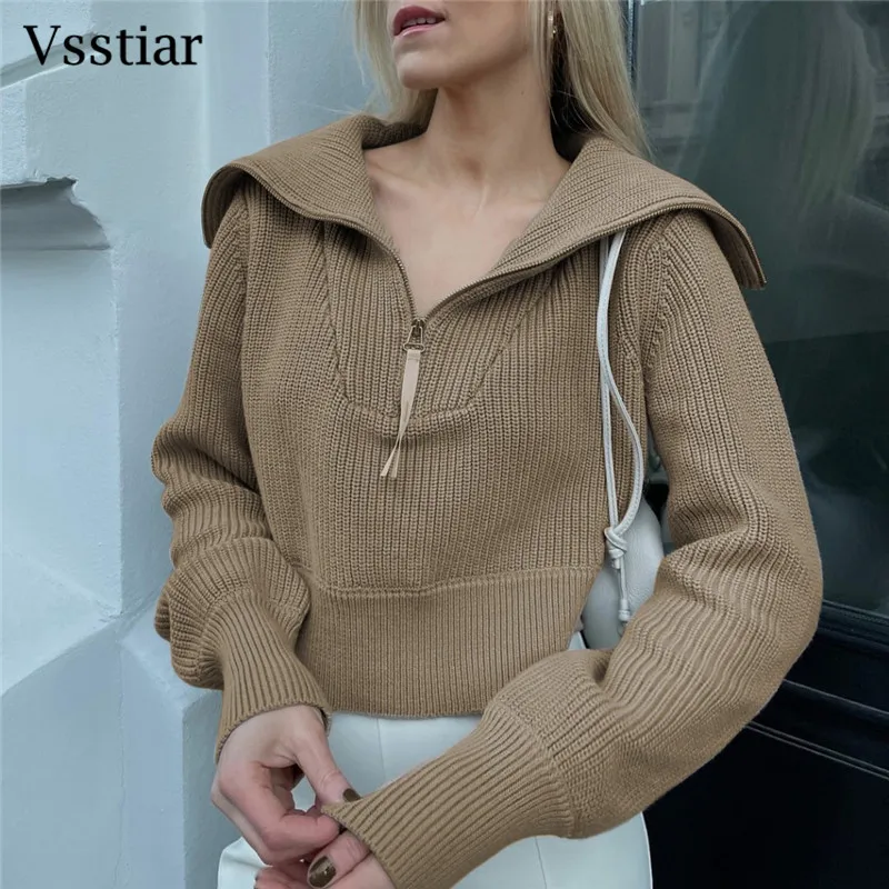 

Vsstiar Zip Turn-down Collar Knitted Sweaters For Women Long Sleeve Casual Autumn Winter Pullovers Clothes 2022 Fashion Lady Top