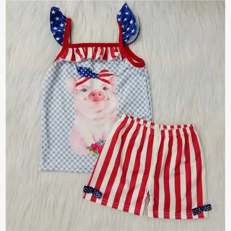 

baby girl boutique clothing set cotton summer sleeveless strap pig top and red stripe shorts kids clothes 4th of July outfit