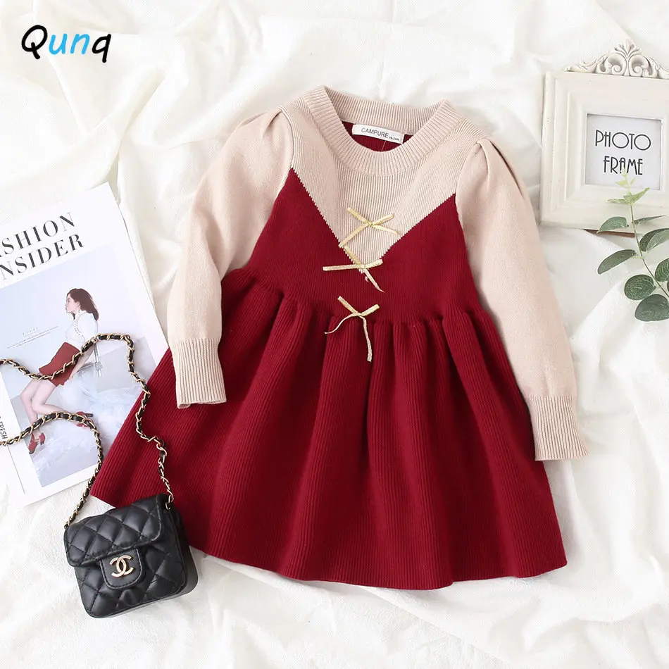 

Qunq Winter New Girls Long Sleeve Bow Splicing Sweet Knee-Length Princess Dress New Year Gift Casual Kids Clouthes Age 3T-8T