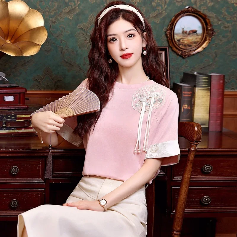 Футболка женская легкая с вышивкой в китайском стиле лето 2024