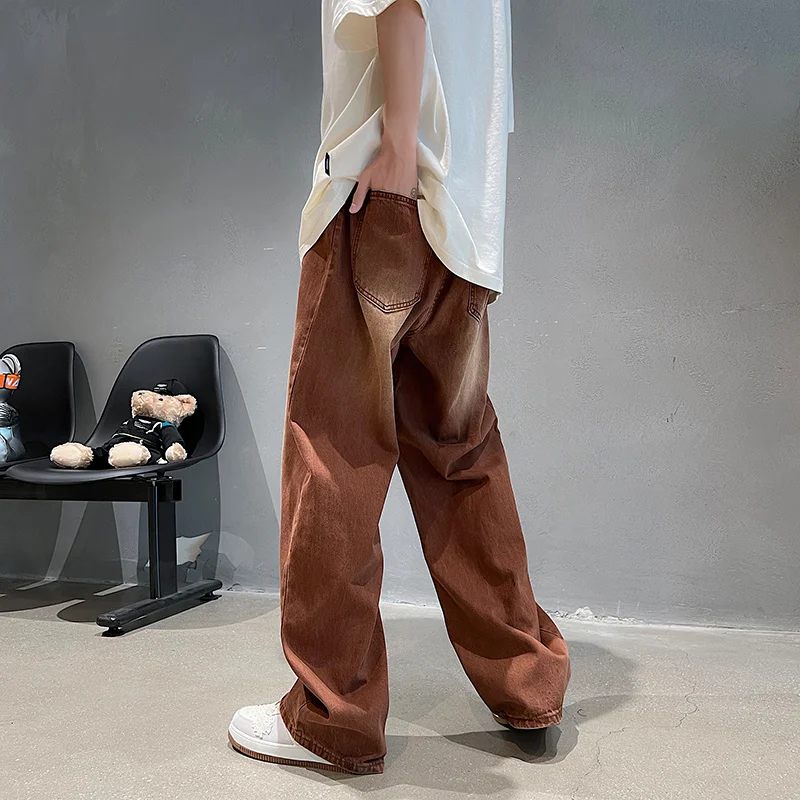 Summer Brown Baggy Jeans Men Fashion Retro Casual Wide Leg Jeans Men Streetwear Loose Hip Hop Straight Denim Pants Mens Trousers