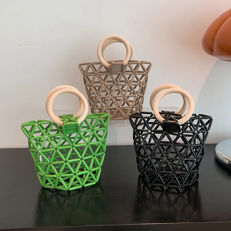 

Luxury Design Women Hollow Out Beach Bag Green Handbag Basket Shopper Bag For Women 2023 Travel Summer Bag Round Ring Handle Bag