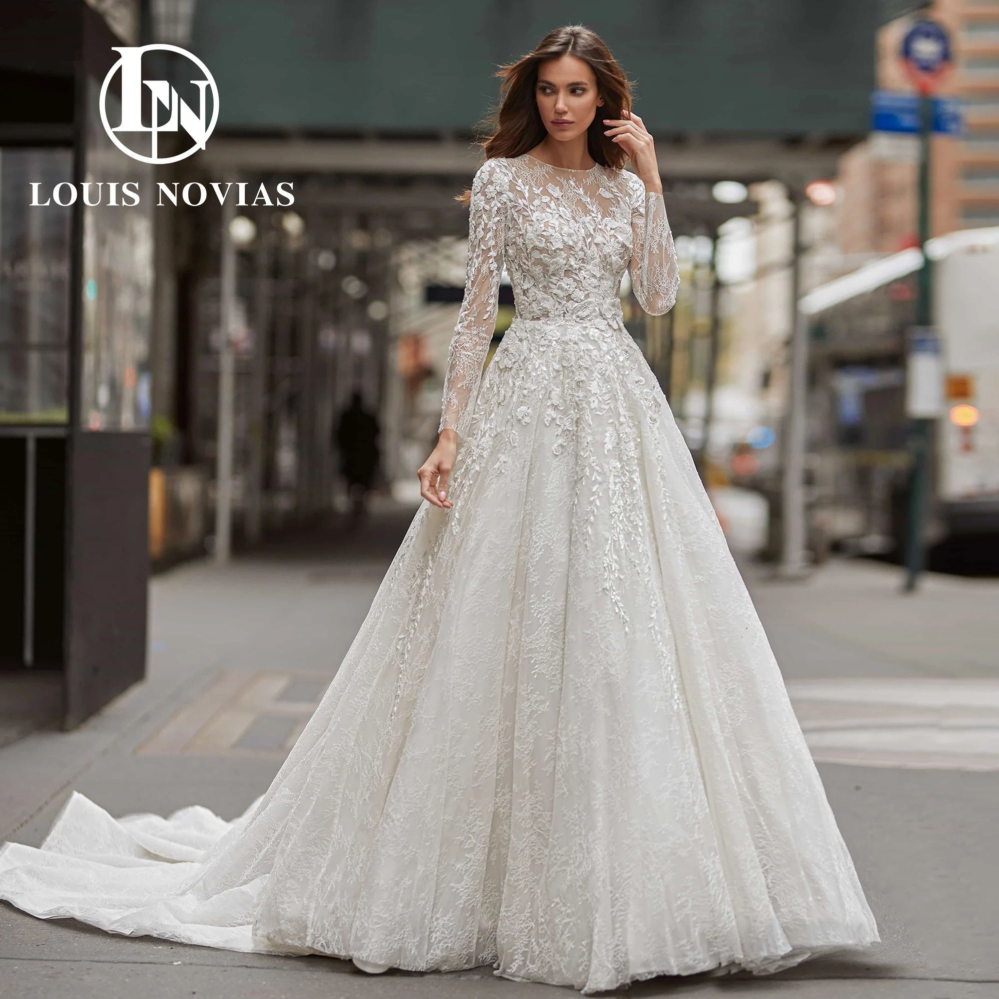 

LOUIS NOVIAS A-Line Long Sleeve Wedding Dresses 2023 SCOOP Sequined Illusion Beading Brush Train Wedding Gown Vestidos De Novia