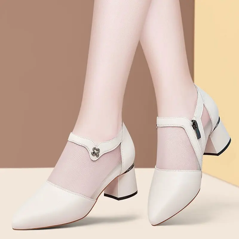 

Shoes for Woman 2023 Normal Leather Casual Women's Summer Footwear Chunky Heels Transparent Sandals Clear Pointed Toe Block Heel