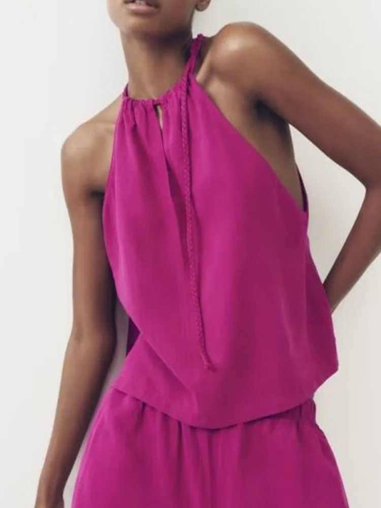 

Блузка женская льняная с лямкой на шее, модный элегантный топ без рукавов, Однотонная рубашка, лето 2023