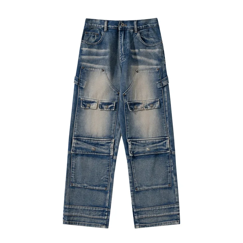 Мужские джинсы на пуговицах, стильные прямые джинсы с несколькими карманами