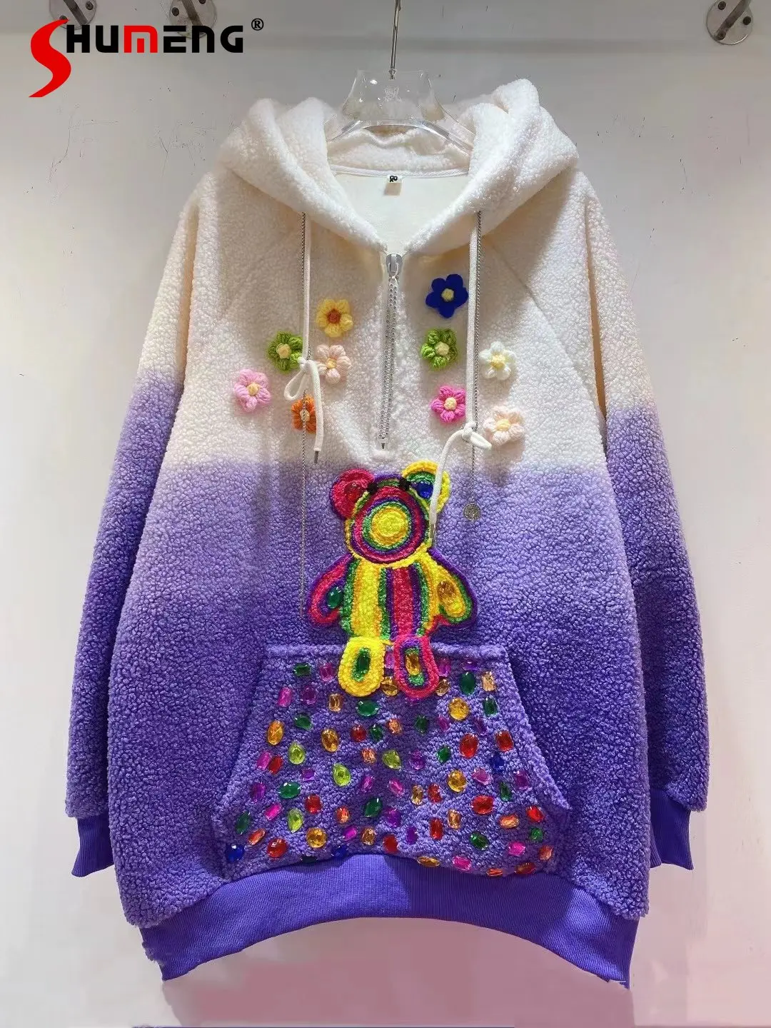 

Women 2022 Fall Winter New Thai Fashion Designer Lambswool Hooded Sweatshirt Ladies Sweet Elegant Trendy Pullover Hoodie Top