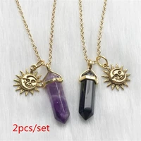 2pcsa set of natural quartz hexagonal column crystal pendant necklace golden sun necklace healing crystal couple gift
