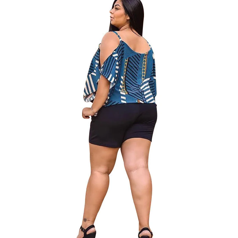 Plus Size Two Piece Set Women's Summer Clothing Wholesale Hollow Out Sleeve Print Short Sets Matching Ou 3xl 4xl 5xl 6xl