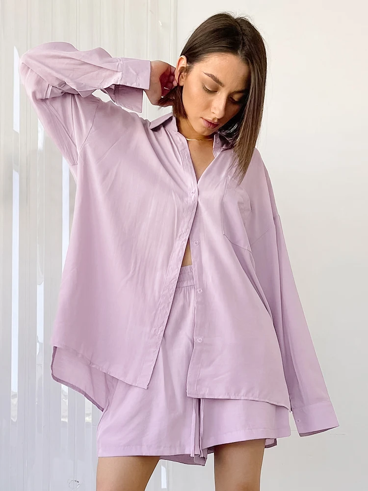 

Linad Purple Pajamas For Women 2 Piece Sets Long Sleeve Turn Down Collar Sleepwear Female Casual Suits With Shorts Autumn 2022