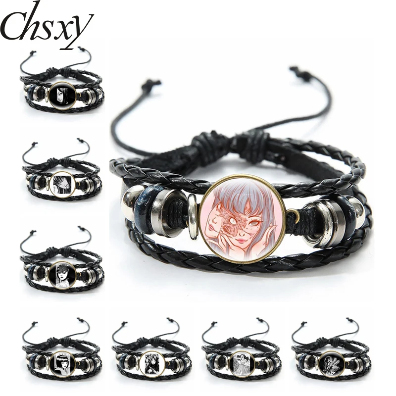 

New Horror Anime Junji Ito Tomie Leather Bracelet Handmade Glass Charm Adjustable Bracelet Men Women Gifts Jewely Accessories