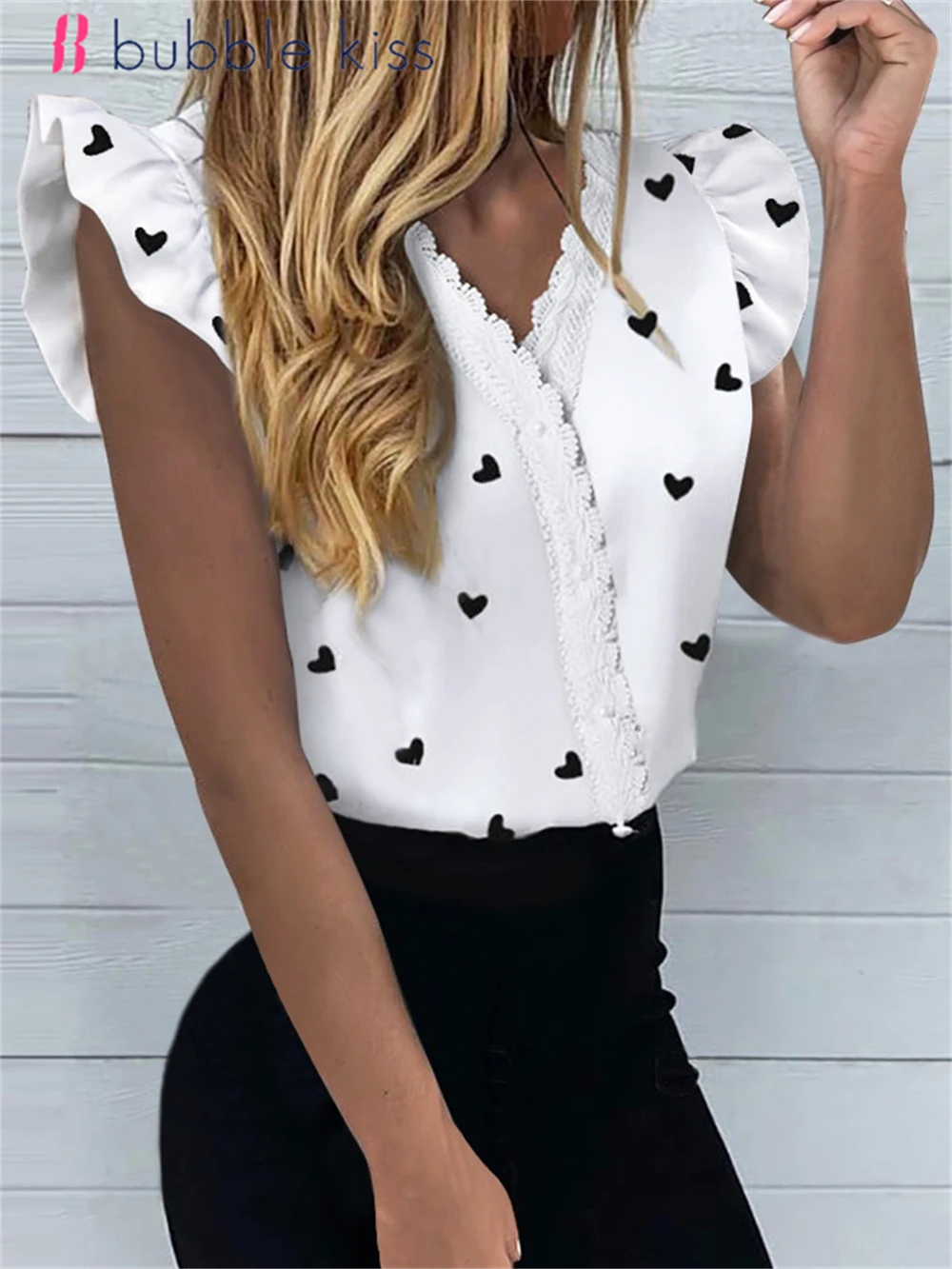 

BubbleKiss T Shirt Women Summer Fashion Love Print V Neck Lace Patchwork flying Sleeves Tops Tee Casual Office Lady Clothes