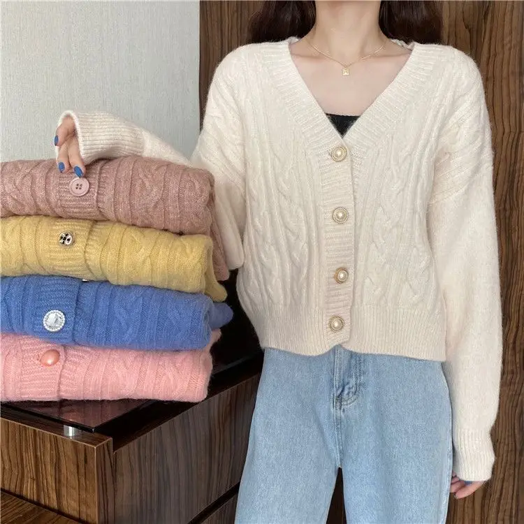 

Корейский модный Свободный Повседневный свитер на весну и осень, однобортный короткий жакет с длинным рукавом и V-образным вырезом, милый женский вязаный кардиган, U641