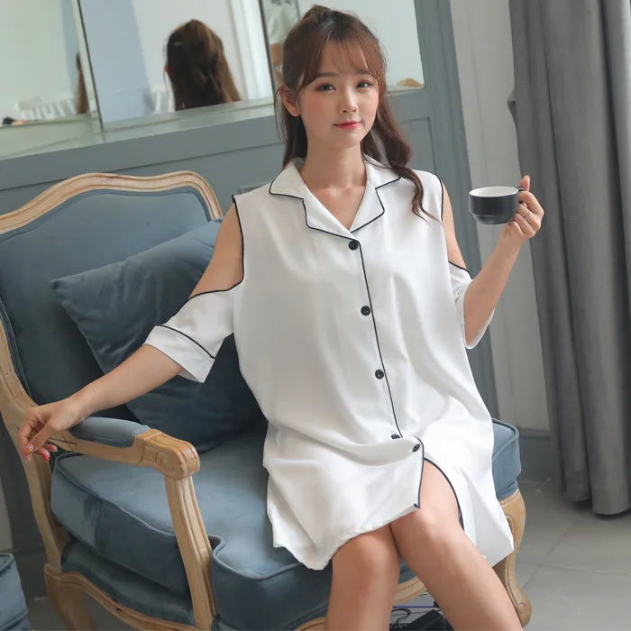 White Strapless Nightdress Women 2021 Half Sleeve Strapless Casual Sexy Rayon Thin White Cardigan Shirt Sleepdress Nightwear