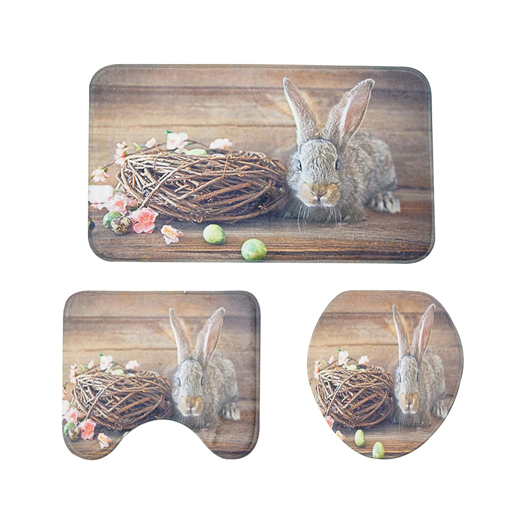 

3 in 1 Easter Bunny Pattern Bathroom Mat Set Antiskid Washroom Carpet Mat Toilet Lid Cover
