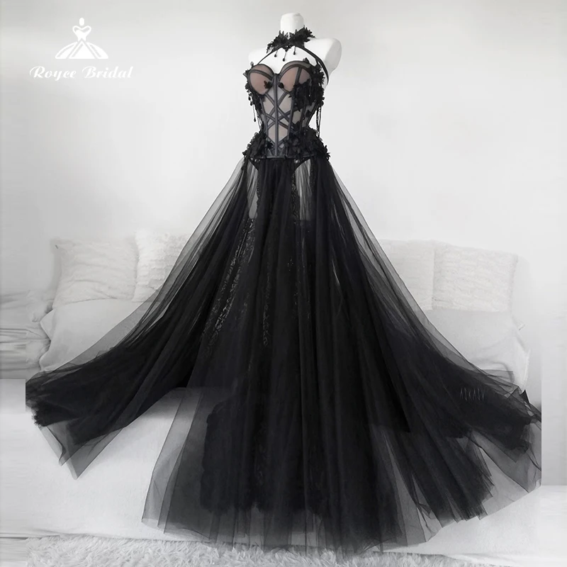 

Gothic Black A-Line Long Wedding Dresses 2023 Sexy Sweetheart Bridal Gowns Vestidos De Novia Tulle Plus Size robe de mariée