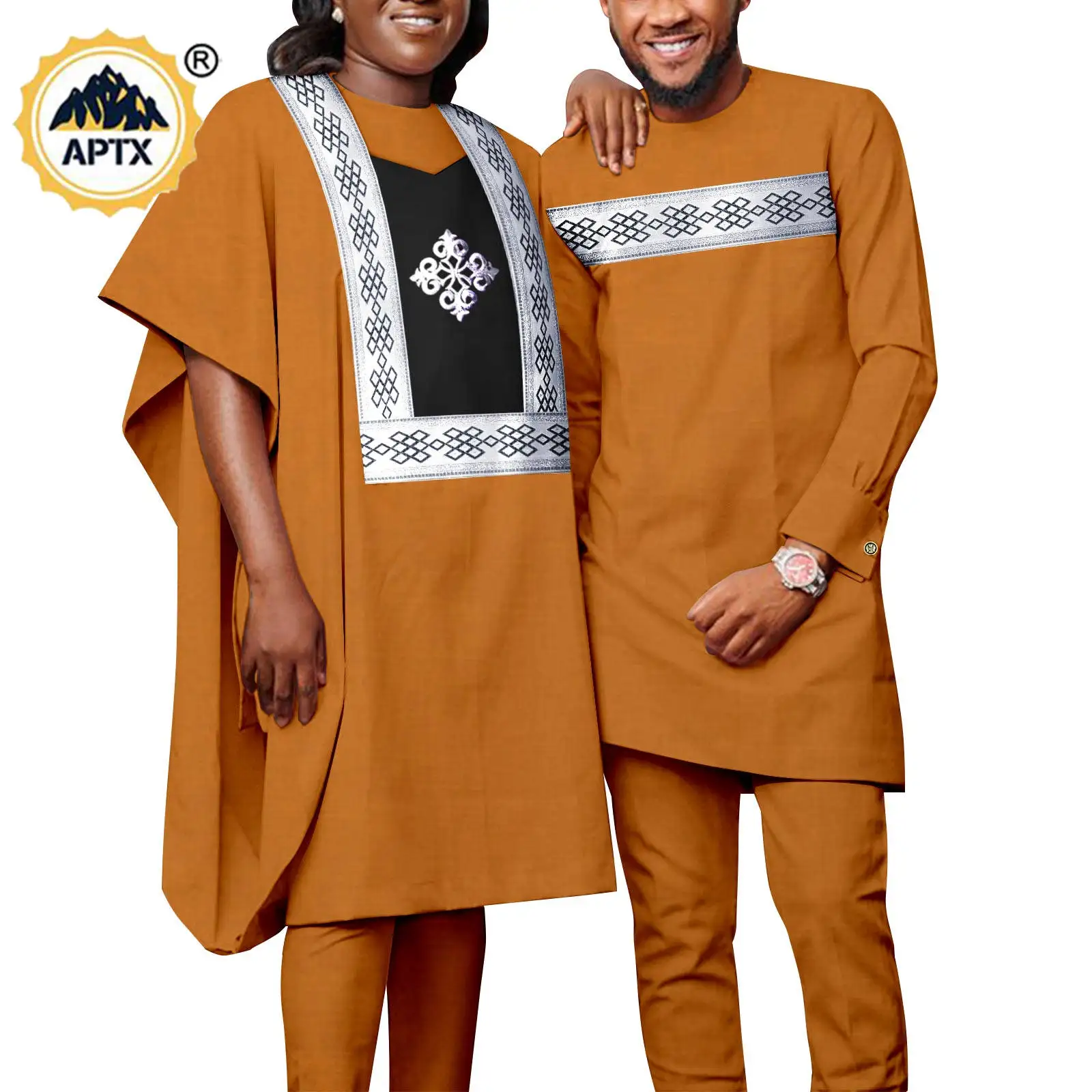 African Matching Outfit for Couples Muslim Women Short Sleeve Robes 3 Pieces Sets Agbada Dashiki Men Suits Top and Pant Y23C063