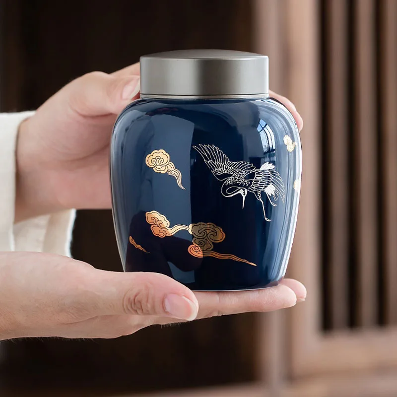 

Blue Glaze Golden Drawing Storage Jar Ceramics Tea Cans Candy Storage Box Condiment Organizer Moisture-Proof Sealed Tank Coffee