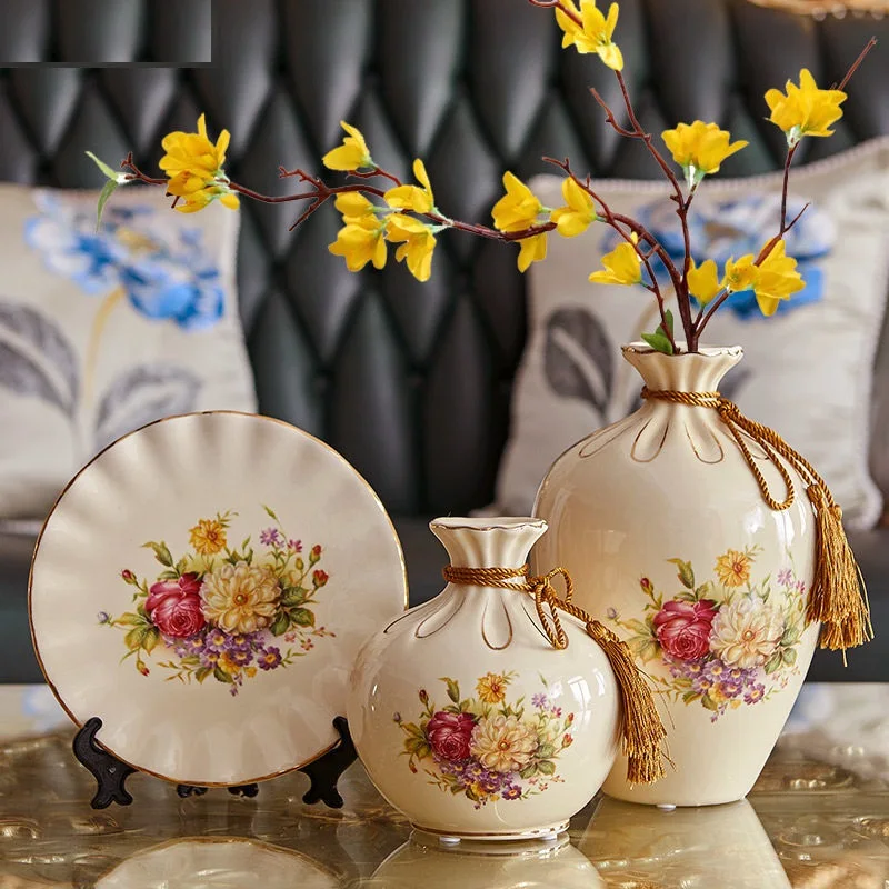 

3Pcs/Set Ceramic vase 3D Stereoscopic dried flowers arrangement wobble plate living room entrance ornaments home decorations