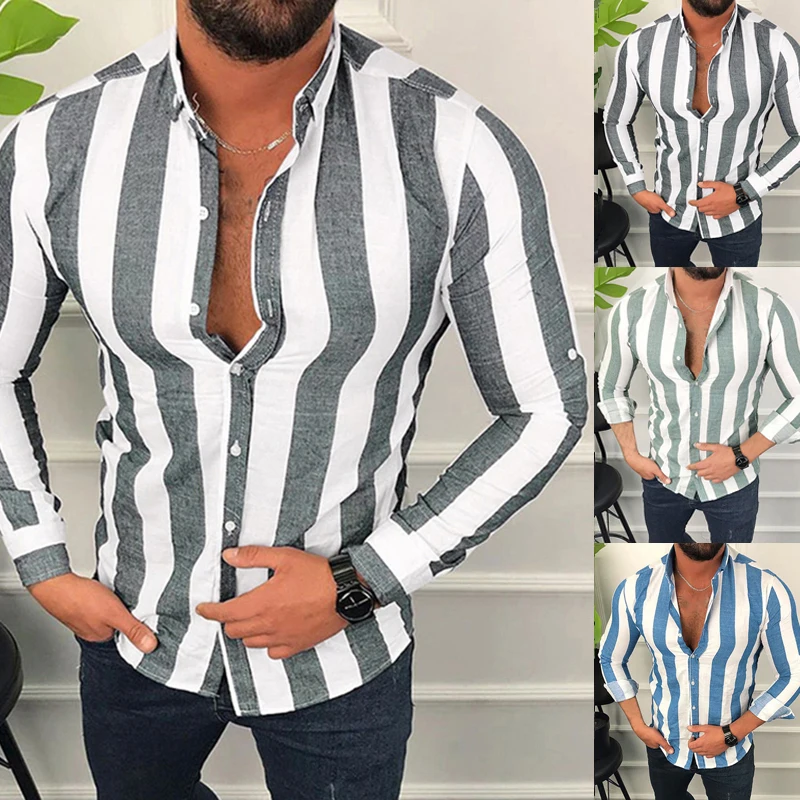 

Men's Shirts Striped Clothing Fashion Shirt Male Social Printed Summer Beach Long Sleeved Casual Blouse Clothing For Man