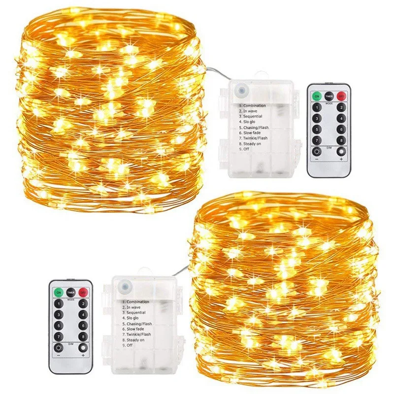 Waterproof 8 Mode LED Copper Wire String Light Fairy Garland Christmas Lights Outdoor Remote Control Battery Power Wedding Decor
