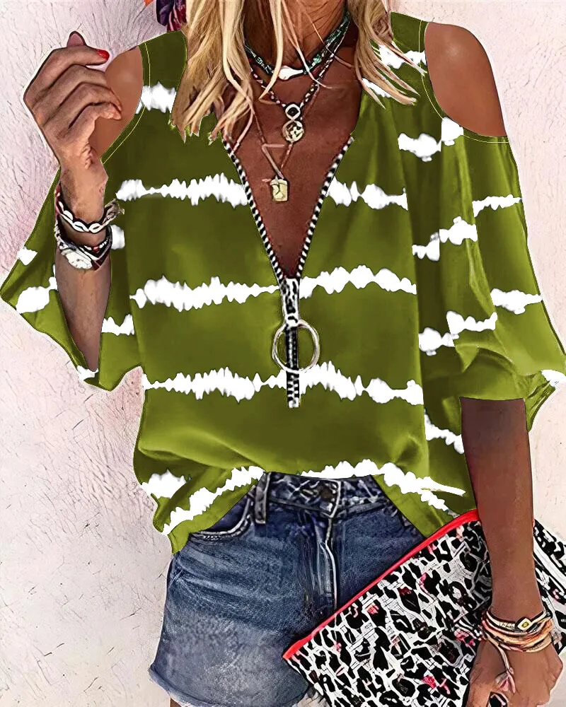 

Женская футболка в полоску, с V-образным вырезом и рукавами на молнии