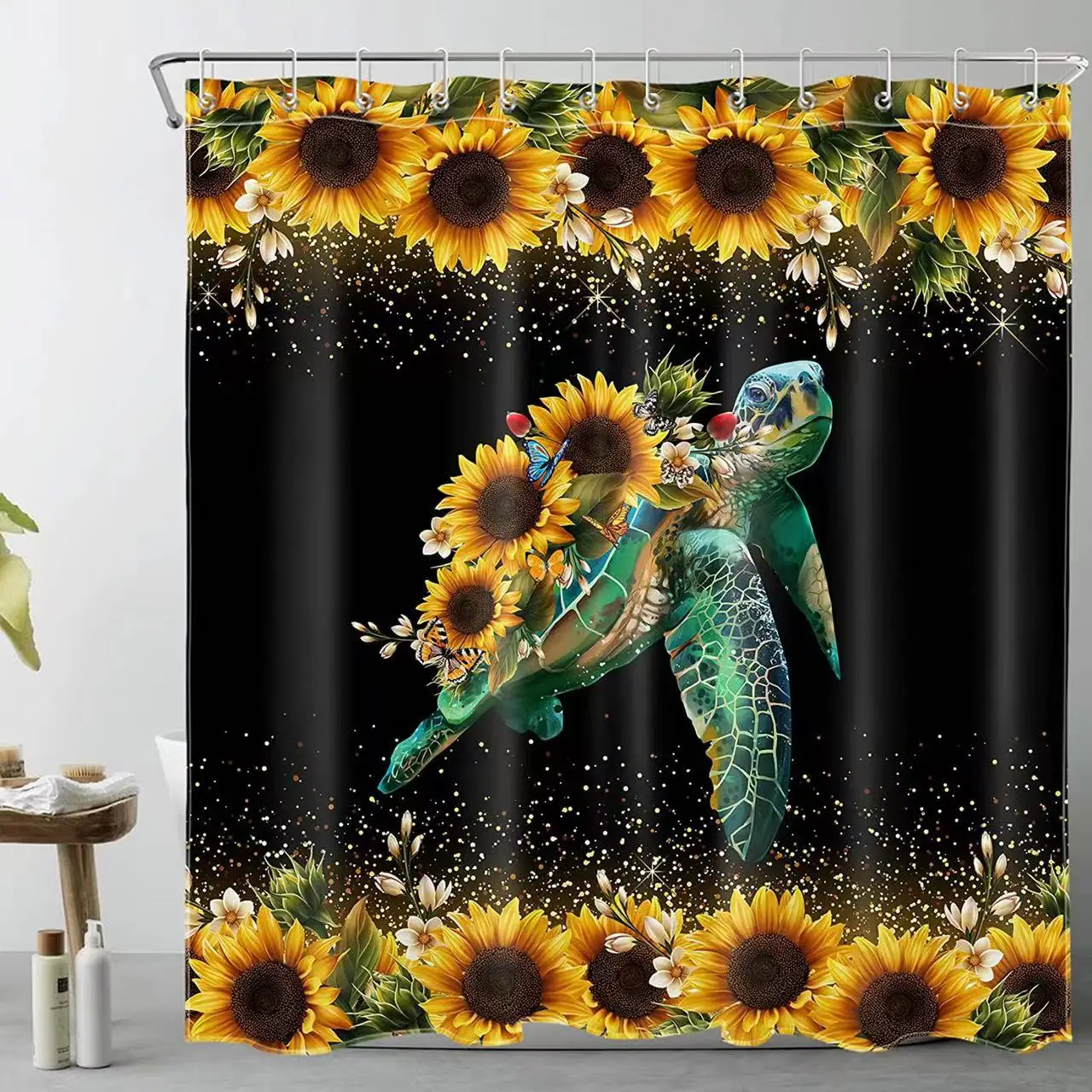 

Забавная морская черепаха занавеска для душа Подсолнух бабочка винтажный цветочный весенний цветок морские животные черный фон декор для ванной комнаты