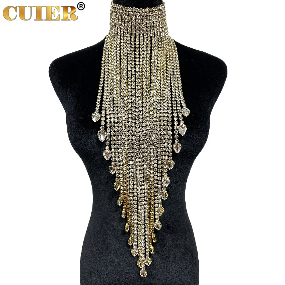 CUIER Elegant Long Tassel Hung down to Waist Women Necklaces with Rhinestones SS28 Glass Gemstones Huge Jewelry Fashion Choker images - 6