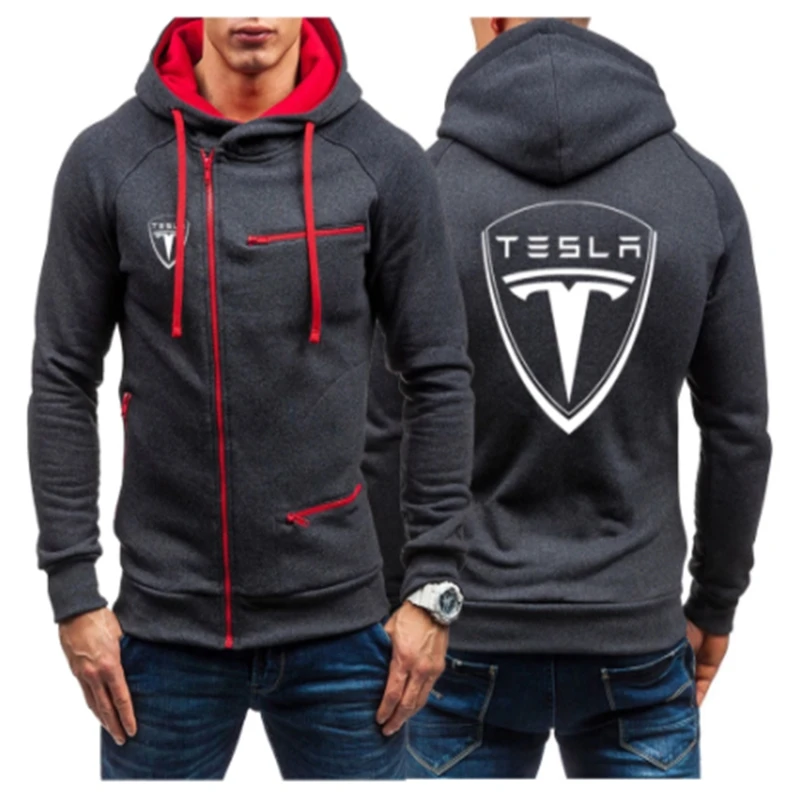 

2023 New Men Zipper Hoody Sweatshirts New Tesla Logo Long Sleeve Men's Hoodies Sticker Pocket Winter Warmer Zip UP Sportsw
