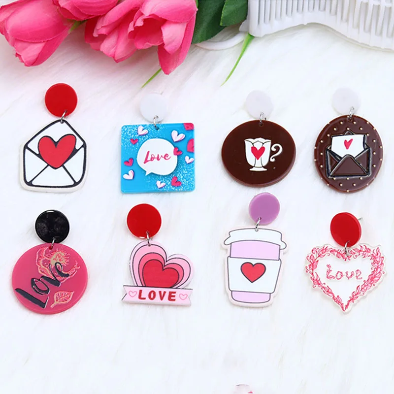 

Fashion Love Acrylic Earrings Candy Color Transparent Sweet Heart Milk Tea Cup Envelope Earrings For Women