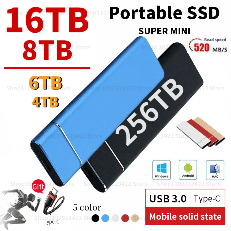 

Portable SSD 256TB 128TB 2TB Mobile Solid State Disk High-speed External Storage Devices Type-C USB3.0 Interface for Laptop PC