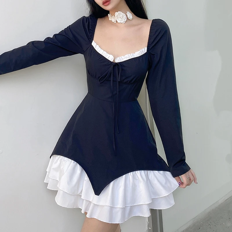 

Милое черно-белое женское мини-платье с оборками, элегантное вечернее бальное вечерние с квадратным вырезом и длинными рукавами, платья