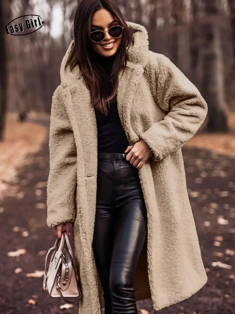 

Cashmere Faux Fur Hoody Woman Overcoat Streetwear Warm Luxury Female Coat 2022 Autumn Winter Loose Commuter Jacket with Pockets
