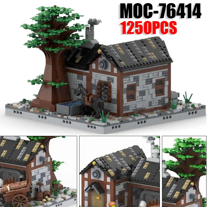 

MOC Medieval Burg Building Blocks Castle Cottage Hut Middle Age House Town Scene Yard Tree Smithy Bricks Toys Gift Boys