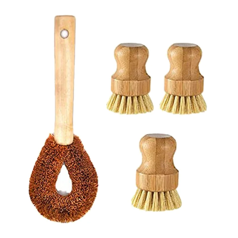 Promotion! 4 Pcs Bamboo Dish Scrub Brush Set 3 Round Brushes And 1 Long Handle Pot For Pan Utensils Bowl Cleanin |