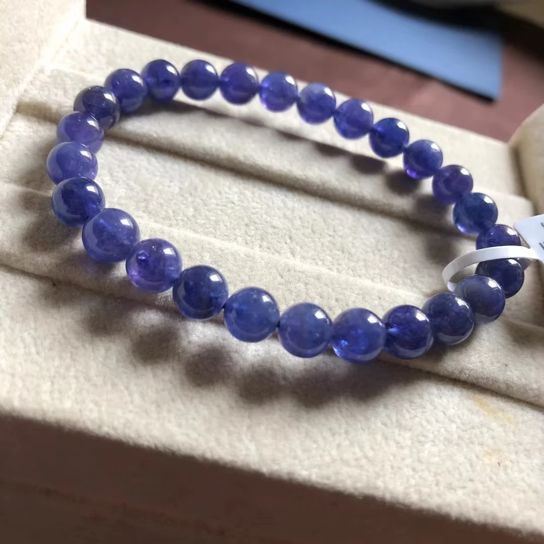 

Genuine Natural Blue Tanzanite Tanzania Women Bracelet 7mm Gemstone Clear Round Beads Stretch Crystal AAAAA